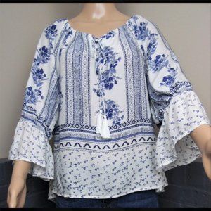 Como Black Floral Blue & White Print Top - Large